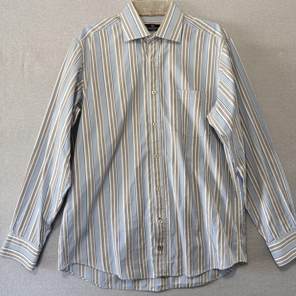 Bugatchi Uomo Shirt Mens Large Blue‎ Brown Stripe Long Sleeve Button Front
